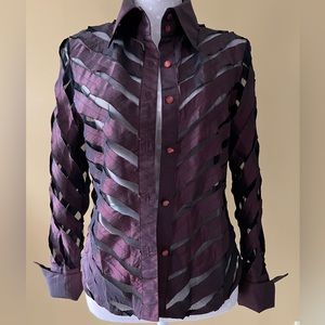 ZBA Sheer Mesh Satin Strips Blouse, L